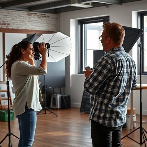 A photography instructor demonstrates posing techniques to a student in the loft studio at Lumino Studios, Chicago.