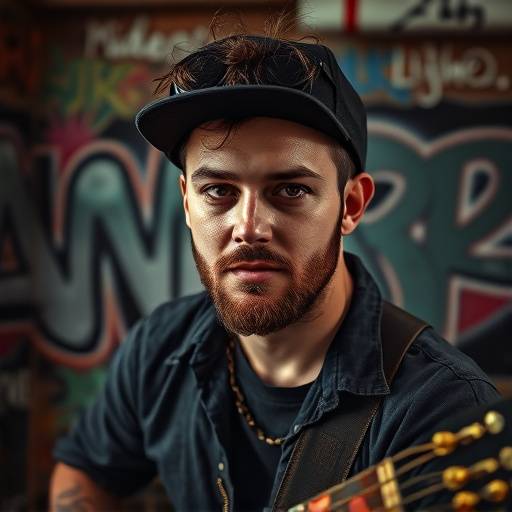 Candid portrait of a musician in the Urban Studio with graffiti art in the background, conveying a sense of raw energy.