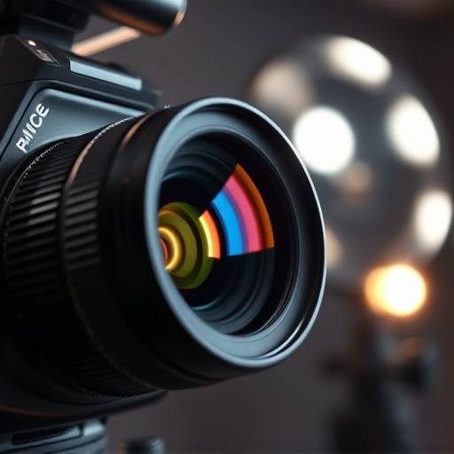Close-up of a professional camera lens and studio lighting equipment at Lumino Studios in Chicago.