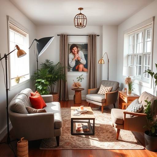 Cozy studio space with natural light and comfortable seating area for portrait sessions.