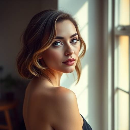 Elegant portrait photography in the Loft Studio using natural light to illuminate the subject's face, with soft, vintage-inspired tones.