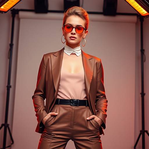 Fashion photography showcasing a modern outfit with vibrant colors, shot in the Modern Studio with professional studio lighting.