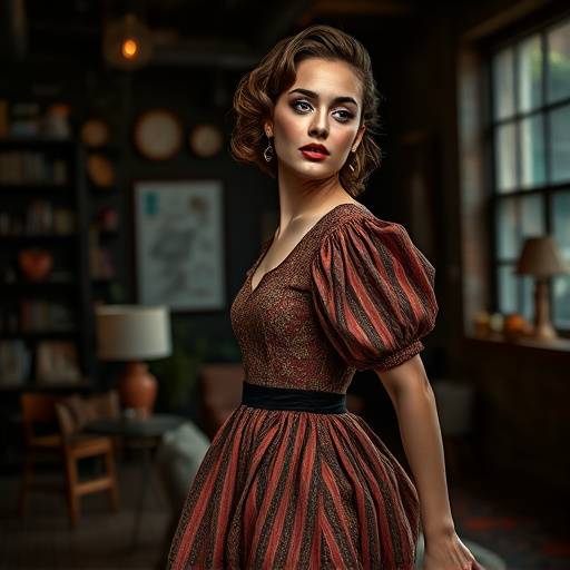 High fashion editorial shot in the Loft Studio featuring a model in a vintage dress and dramatic makeup.