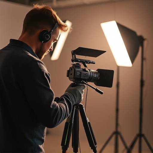 Icon depicting a technician setting up lighting equipment in a studio setting.