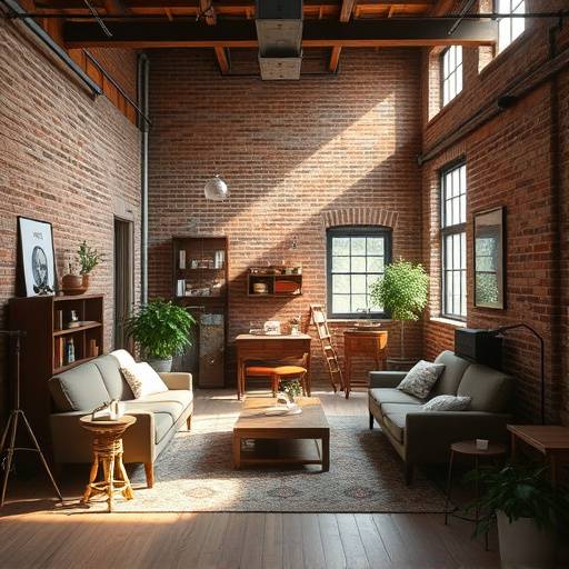 Interior of The Loft Studio with exposed brick, natural light, and vintage furniture setup for a fashion shoot.