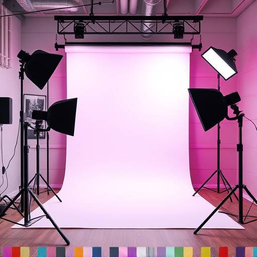 Modern studio setup featuring colorful paper backdrops and adjustable lighting.