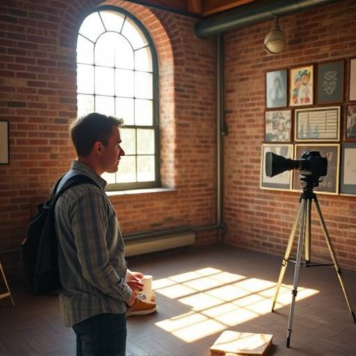 Photographer inspecting a potential studio space with exposed brick walls and natural light at Lumino Studios.