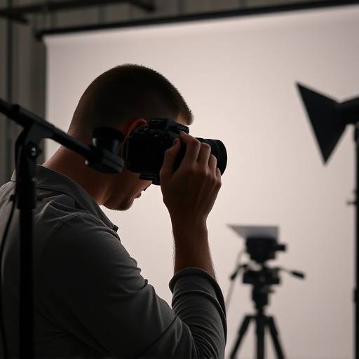 Professional photographer adjusting studio lighting for a portrait session at Lumino Studios in Chicago.