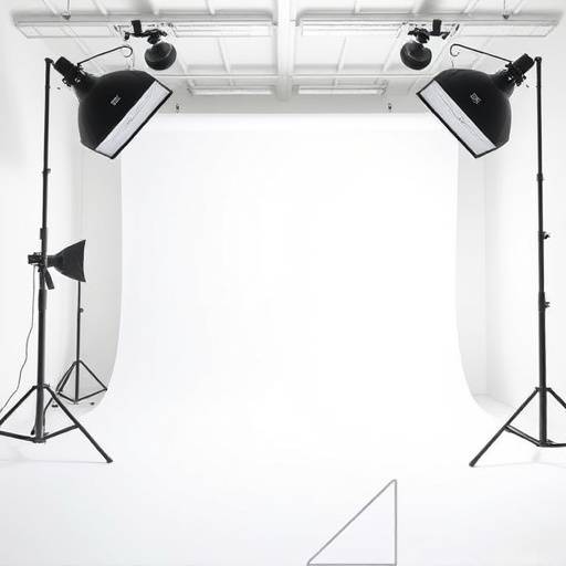 Spacious photography studio with white backdrop and professional lighting equipment.